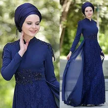 Best Selling Navy Blue High Neck Hijab Evening Dresses Lace Appliques A-Line Long sleeves Prom Dress Muslim Evening Party Gown