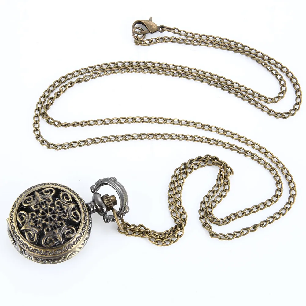 Vintage Women Pocket Watch Alloy Retro Hollow Out Flowers Pendant Clock Sweater Necklace Chain Watches Lady Gift pocket watch