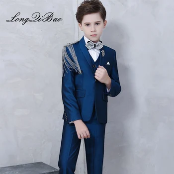 

Longqibao shoulder tassel fashion show boy clothing suit jacket dark blue children suit suit boy suit suitable for wedding cloth