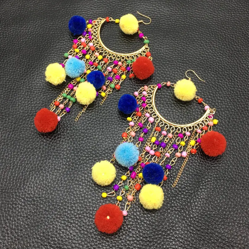 MANILAI Fashion Pom Pom Long Beaded Tassel Earrings Ethnic Jewelry Women Big Dangle Firenze Fringe Drop Earring Boho Pendientes