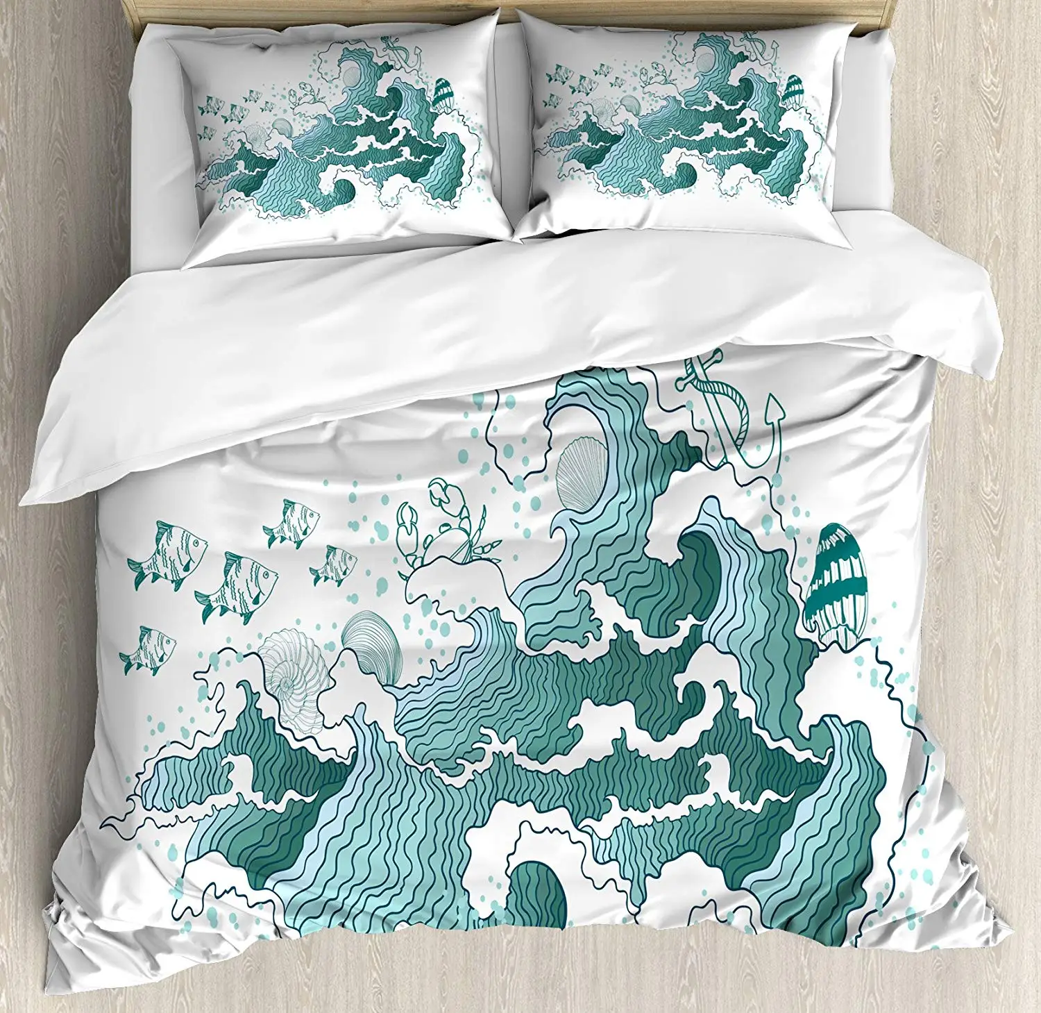 Nautical Duvet Cover Set Ocean Waves Starfish Shells Anchor And