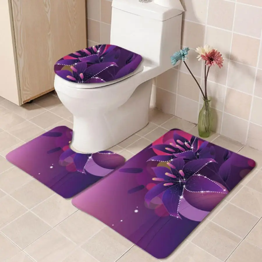 

3Pcs Flowers Printing Anti-skid Toilet Lid Shower Rug Bathroom Decoration U-shaped mat Water Absorbent Mat Set