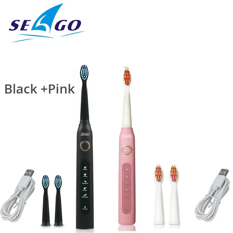 Seago звуковая зубная щетка электрическая USB перезаряжаемая Водонепроницаемая Сменная головка щетки Лучший подарок - Цвет: black and pink