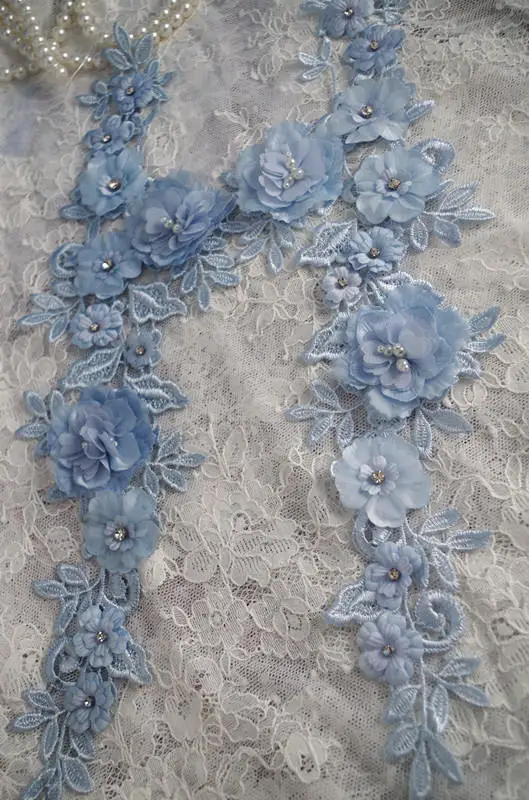 

2pcs blue lace applique, 3D heavy bead lace applique with rosette, 3D flowers lace applique, beaded flower lace applique