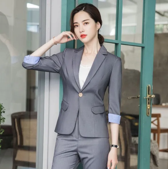Korean Style Ladies Two Piece Trouser Suits Black Gray Womens Formal Set Work Pant Suits Tuxedo Pant Suit for Women Pantsuit 4XL Korean Style Ladies Two Piece Trouser Suits Black Gray Womens Formal Set Work Pant Suits Tuxedo Pant Suit for Women Pantsuit 4XL