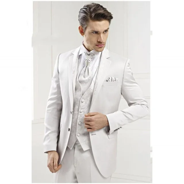 White Men Suits 3 Pieces Notched Lapel Two Button Jacket Groom Suit Tuxedo Male Men Custom Made Blazer ( Jacket +Pants+Vest) slim fit male suit black lapel tailor made wedding suits for men groom tuxedo 3 pieces best man prom suits blazer pants vest