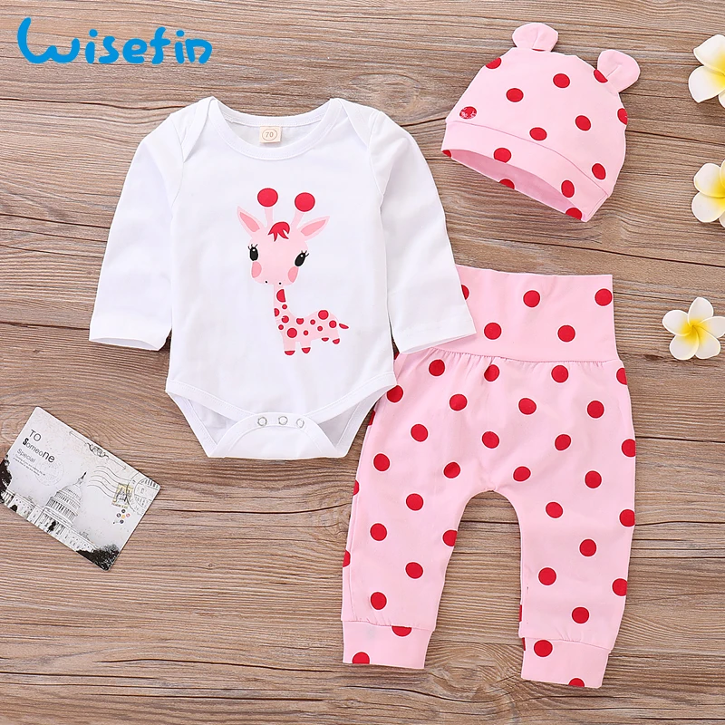 Wisefin Baby Girl Clothes Set Long Sleeve Newborn Bodysuit Deer +Pant+Hat Cute Toddler Girl Clothing Cotton Outfit Polka dot Set