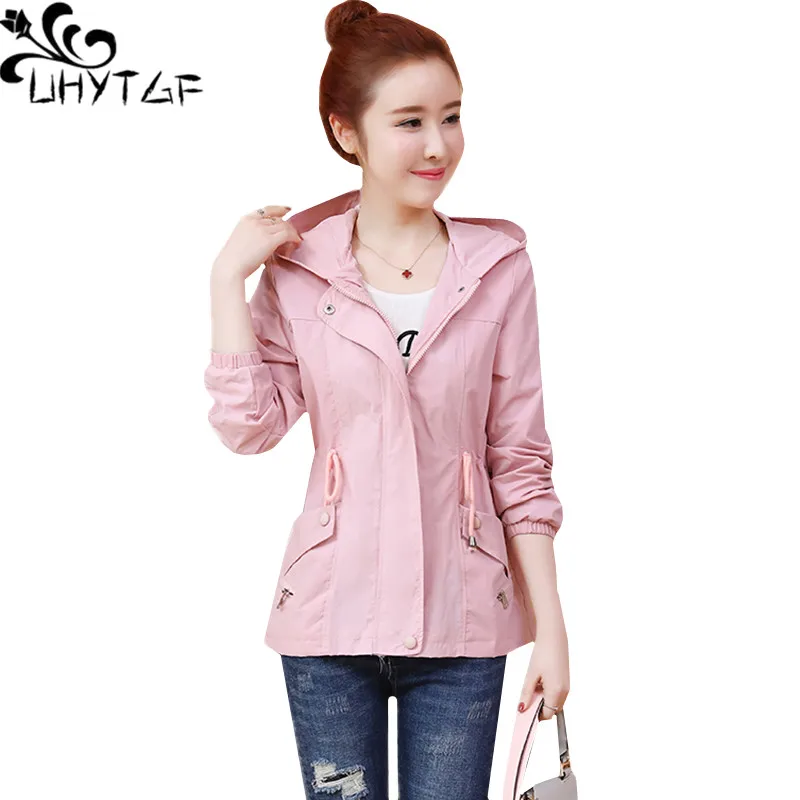 

UHYTGF Casual women spring autumn jacket student Slim short outerwear Hooded Zipper Wild windbreaker jacket Plus size women 1308