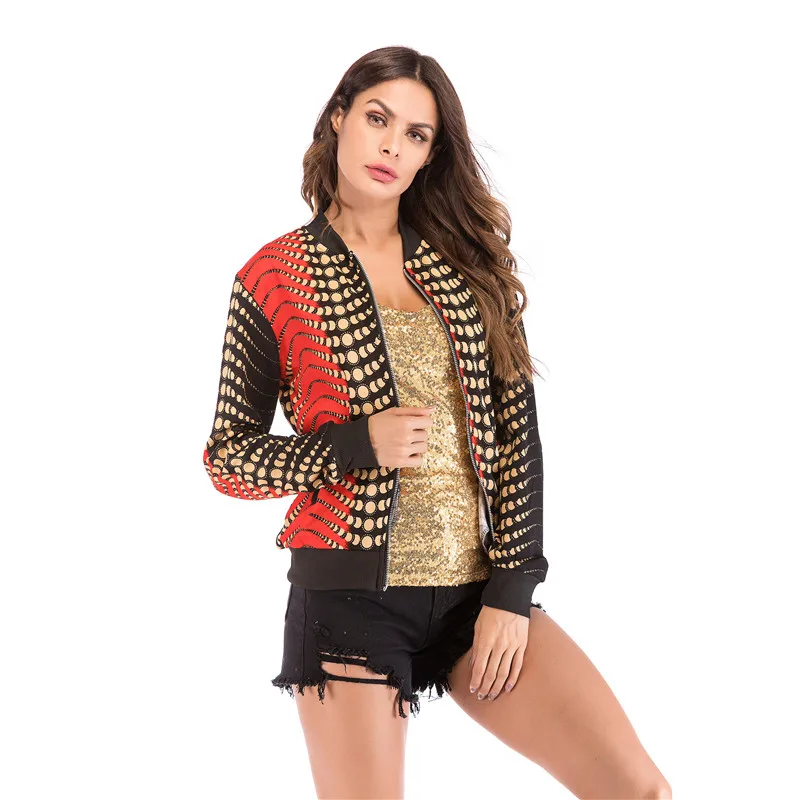 

2018 Autumn Women Print Basic Jackets O-neck Plus Size Long Sleeved Zipper Bomber Jacket Coat For Female veste femme Z172