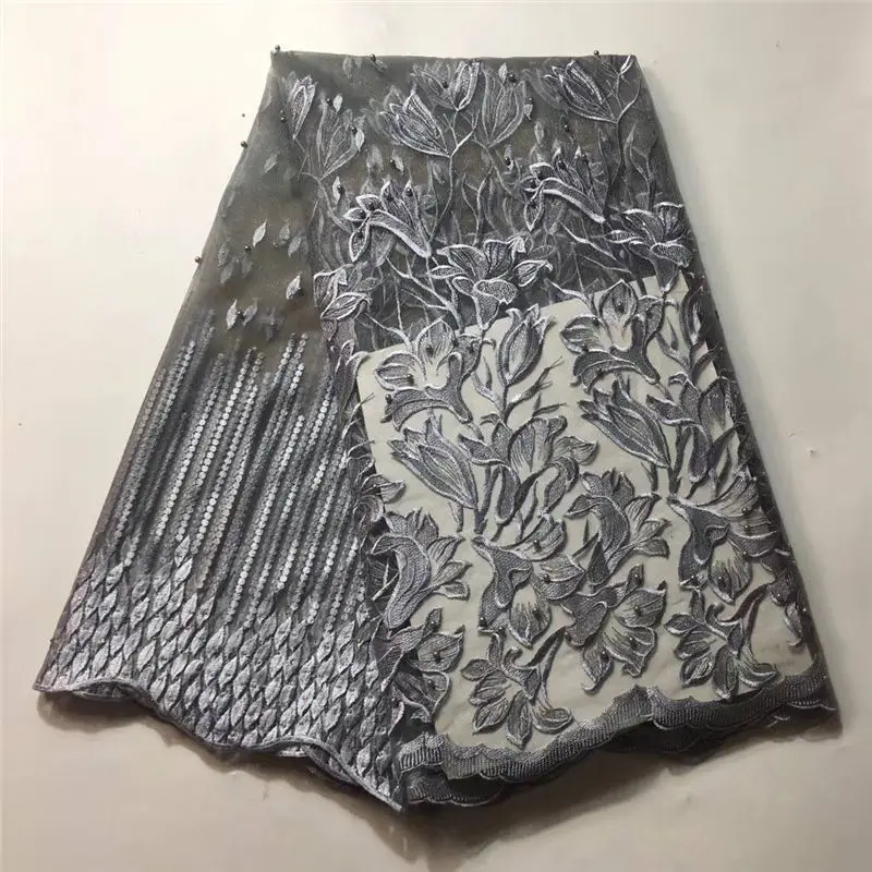 African New Arrival Grey Embroidery French Tulle Lace Fabric Nigerian Mesh with beads Net for Party Dress Making-LO30 | Дом и сад