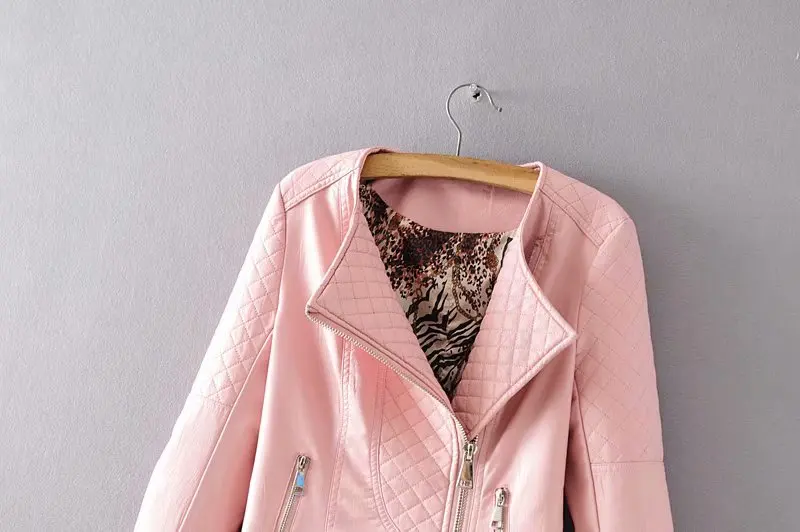Новинка осени, Женская облегающая мотоциклетная куртка из искусственной кожи в форме бриллианта, короткая женская куртка розового, черного, винного цвета