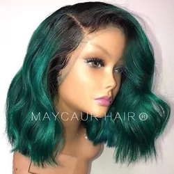 2 Tones Black Ombre Green Synthetic Lace Front Wigs Heat Resistant Fiber Hair Dark Roots Short Body Wave Hair For Women 2 Tones Black Ombre Green Synthetic Lace Front Wigs Heat Resistant Fiber Hair Dark Roots Short Body Wave Hair For Women