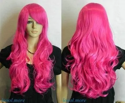 New Dark Pink / Rose red Long Wavy Cosplay women Wig good |