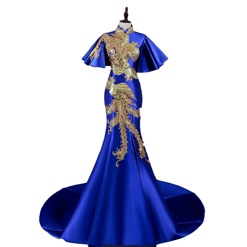 Королевский Синий Аппликация традиционное китайское свадебное платье Cheongsam Qipao Дракон костюм феникса с расклешенными рукавами Вечерние