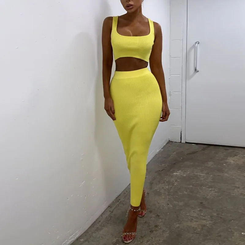 

NORMOV Casual Solid Women Sets O Neck Sleeveless Pullover Vest And High Waist Mid Calf Skirts Polyester Knitted Two Piece Sets