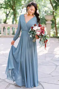 

2019 Bohemia V Neck Chiffon Long Bridesmaid Dresses Long Sleeves Ruched Floor Length Wedding Guest Maid of Honor Dresses