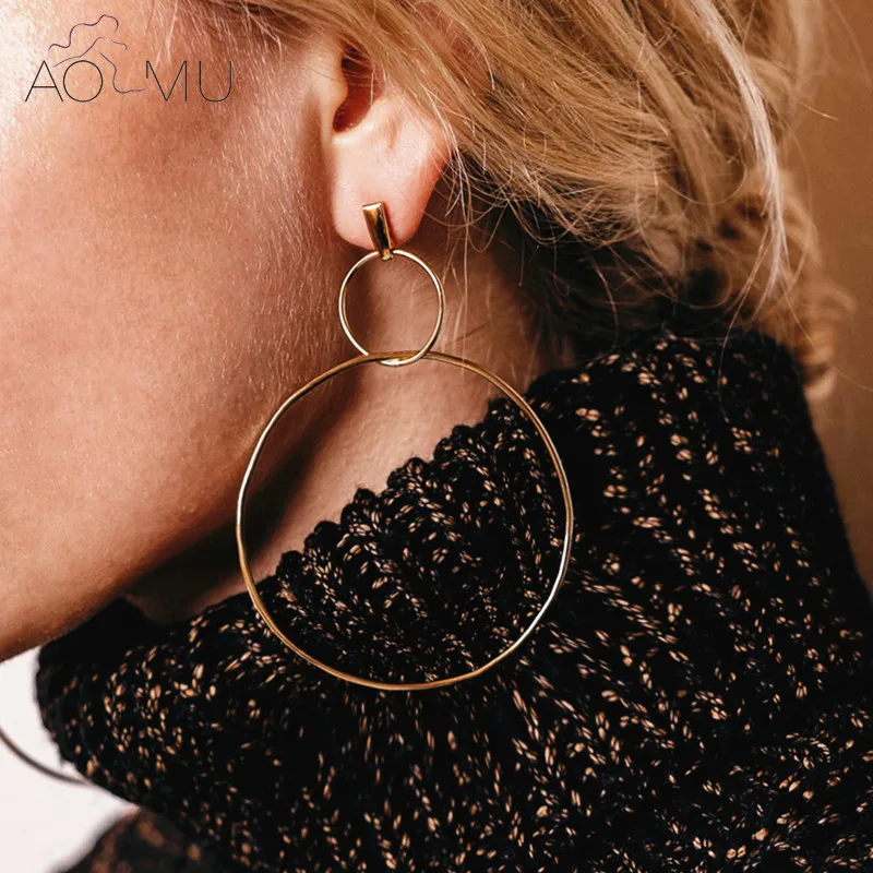 

AOMU 2017 European Exaggerated Aros Big Hoop Earrings for Women Double Round Circle Gold Color Long Earrings Brincos Jewelry