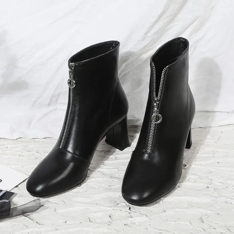 

Fashion Show Brand Ankle Boots For Women Black Leather Upper Front Zipper Sewing Ladies Booties Middle Chunky Heel Shoes Woman