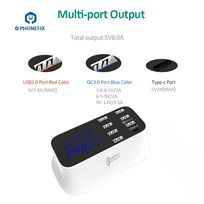 Phonefix Usb 8 Ports 40w 8a Charging Station Led Screen Fast Charger Hub With 1 Usb Type C Port 1 Quick Fast Charge 3 0 Hand Tool Sets Aliexpress