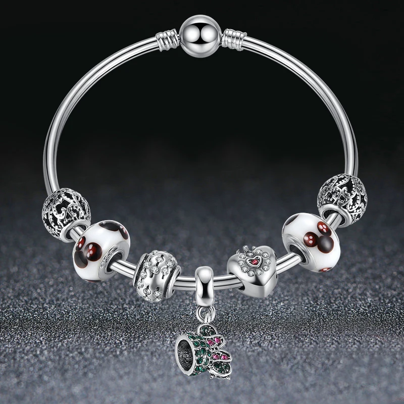 ELESHE Silver Strand Bracelet Lovely Minnie Pendant Bracelets Bangle Jewelry DIY Murano Glass Beads Charm Bracelet for Women