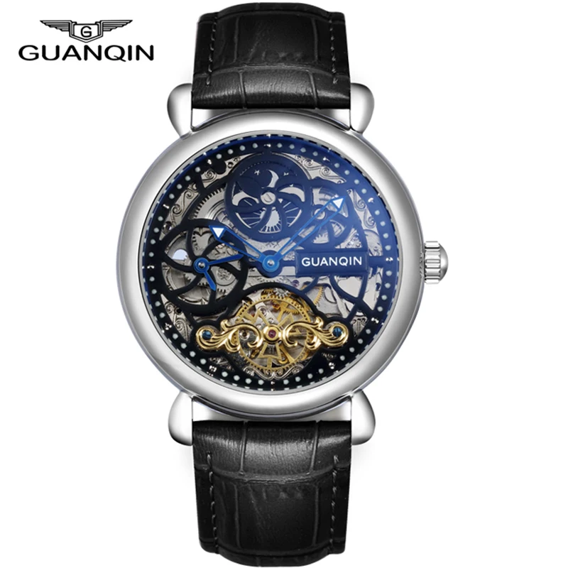 الهيكل العظمي ووتش GUANQIN أزياء كبير ساعة مزدوجة الرجال 10bar السباحة التلقائي ووتش القمر المرحلة مضيئة توربيون ساعات آلية