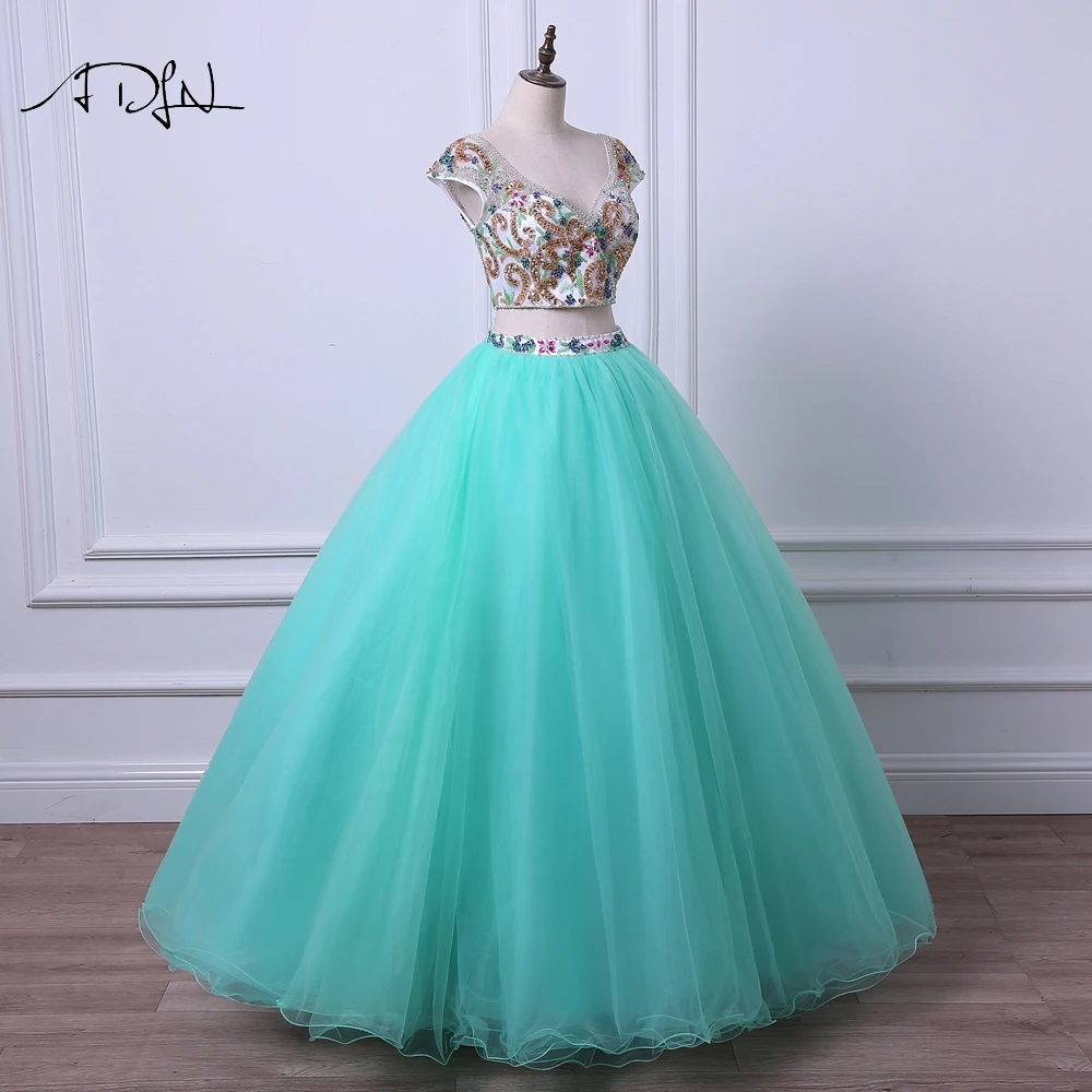 Quinceanera Dresses Two Pieces V-neck Cap Sleeve Vestido de Quinceanera Ball Gown Debutante Dress ADLN