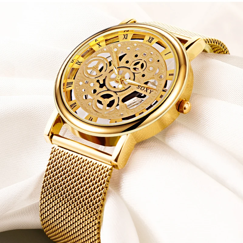 Часы унисекс,, брендовые наручные часы SOXY Gold, простой стиль, сетчатые Мужские кварцевые часы, полые часы, relogio masculino