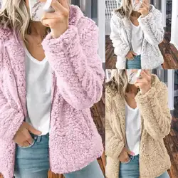 Плюс Размеры флис Faux Shearling Меховая куртка пальто Осенне-зимняя Дамская обувь плюшевые теплые толстые Тедди пальто Повседневное пальто