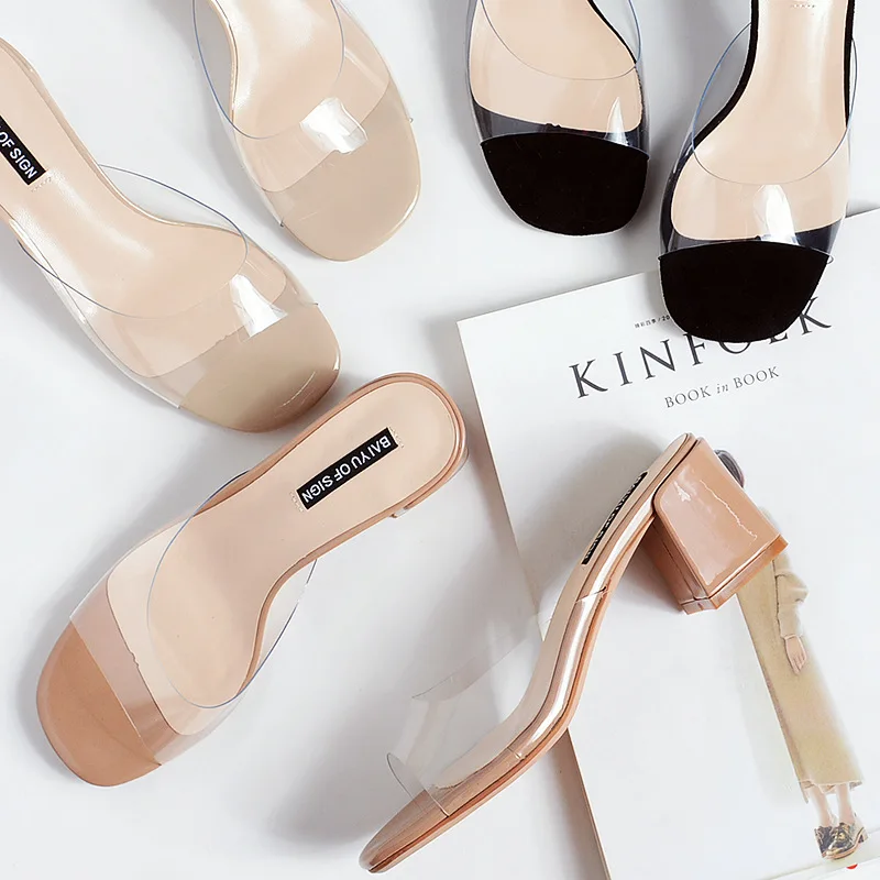 

women high heels summer shoes transparent pvc slippers women japanned leather clearance sandals thick heel flipflops slides y492