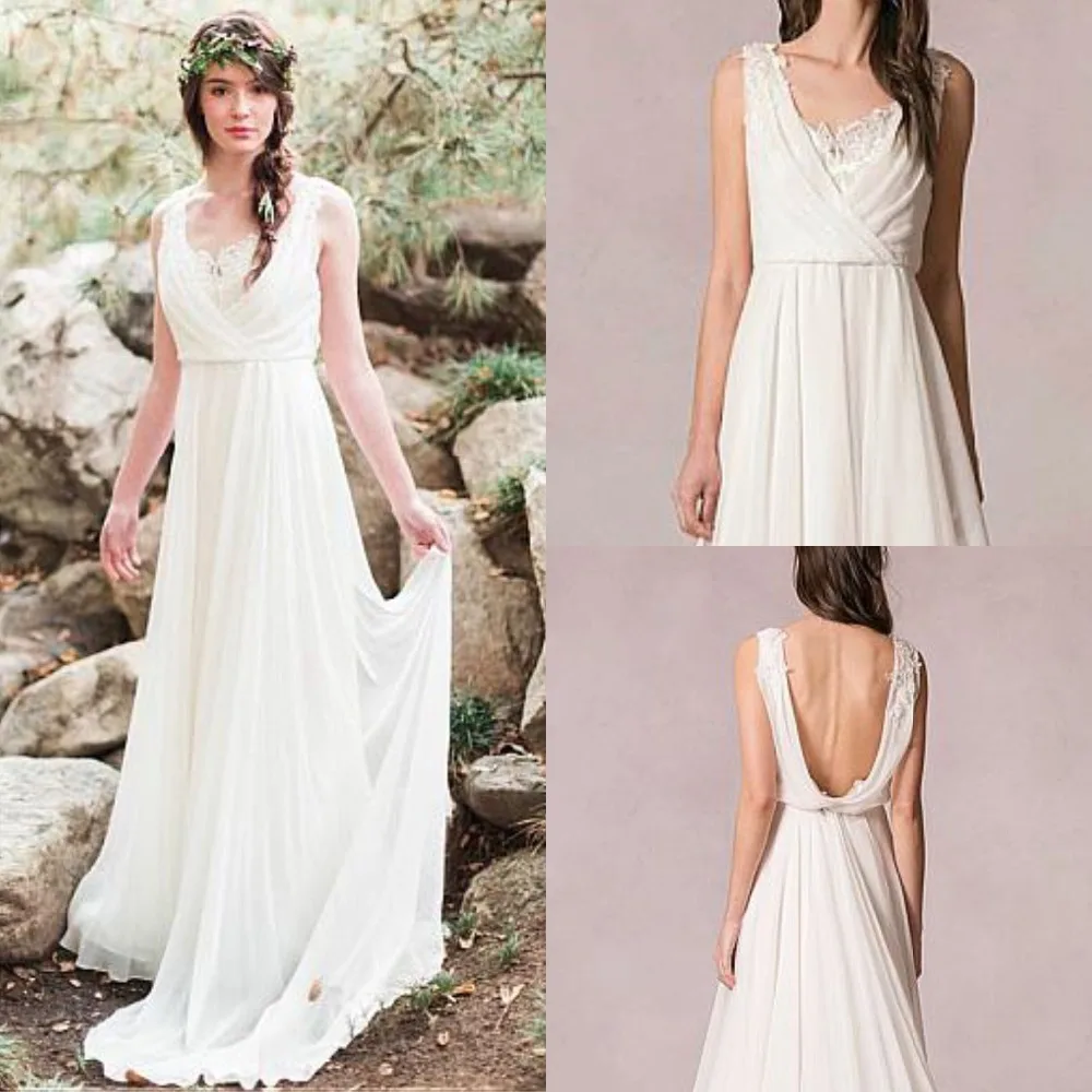 

Alluring Chiffon Scoop Neckline A-line Wedding Dresses With Lace Appliques Sexy Backless Bridal Gowns Boho Vestidos De Noiva