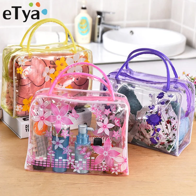  eTya Travel PVC Transparent Cosmetic Bag Wash Bag Clear Floral Stripe Bathing Underwear Storage Toi