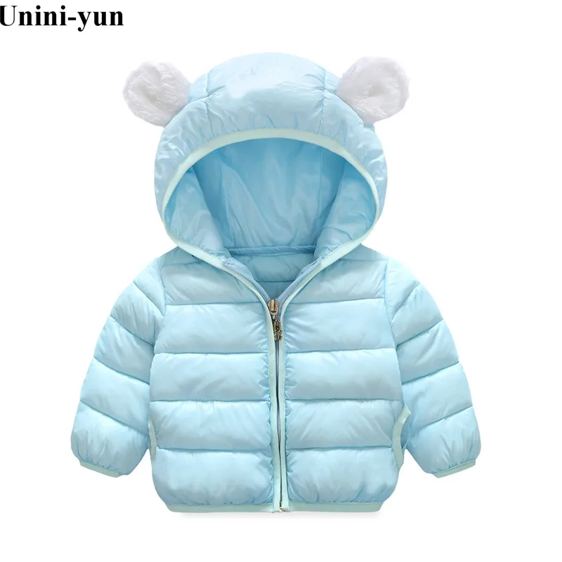 Куртки для маленьких девочек; зимняя верхняя одежда; розовое однотонное теплое пальто с капюшоном для маленьких девочек; детская одежда; пуховое пальто для малышей - Цвет: er-duo-qian-lan