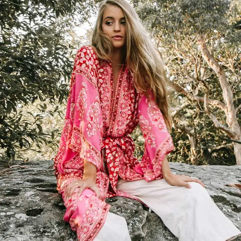 

Boho Summer Three Quater Sleeve Floral Printed Trench Women Maxi Kimono Cardigan Loose Outwear Beach Clothes