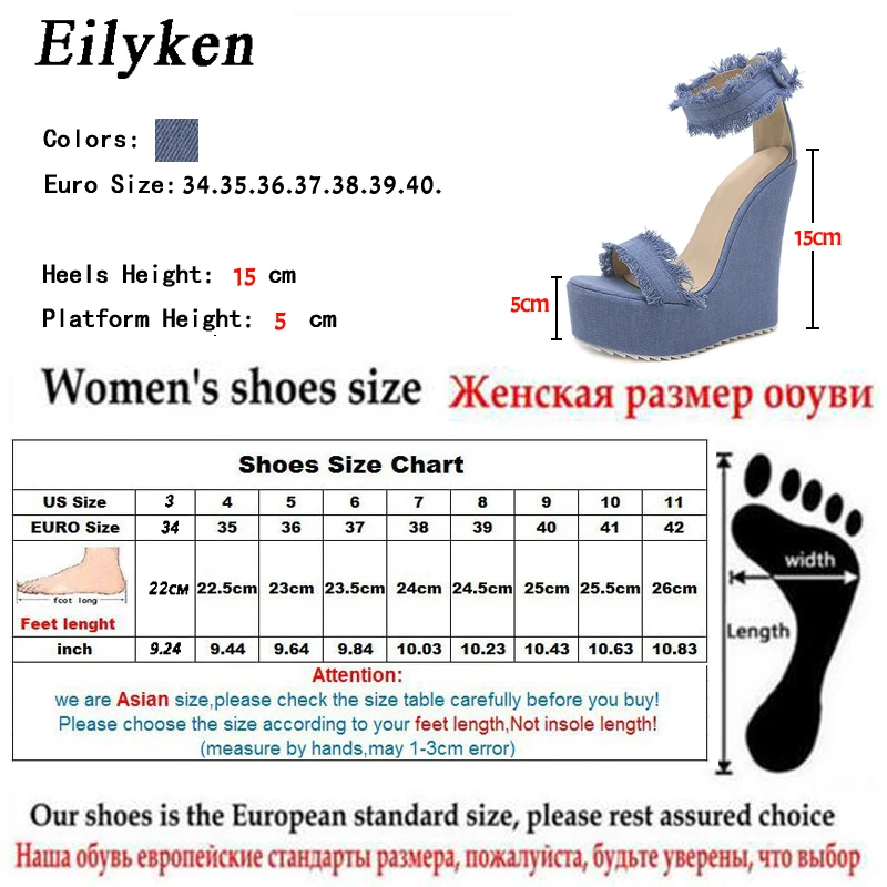 Eilyken/Новинка года; летние синие сандалии из джинсовой ткани; пикантные женские босоножки на высоком каблуке и платформе с молнией; Размеры 35-40
