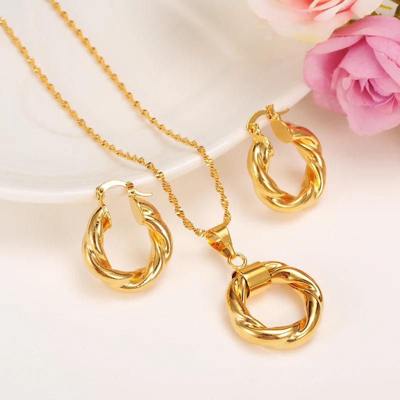 

2017 New Big Hoop Earrings Pendant Women's wedding Jewelry Sets Real 24k yellow Solid Gold GF Africa Daily Wear Gift Wholesale