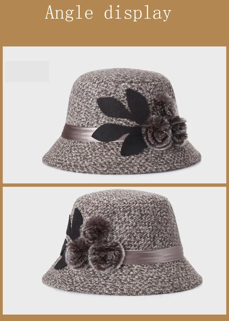 BINGYUANHAOXUAN, женская зимняя фетровая шерстяная шапка с пряжкой и широкими полями и цветами, черный/красный/хаки/серый