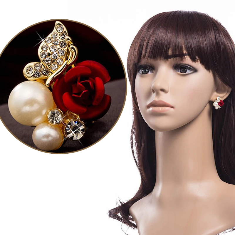 2pcs Vintage Red Rose Butterfly Earring Shellahrd Rhinestone Crystal Bead Brincos Stud Earrings Fashion Wedding Jewelry Gift