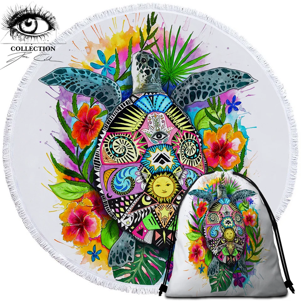 Turtle Life By Pixie Cold Art Large Round Beach Towel Tortoise
