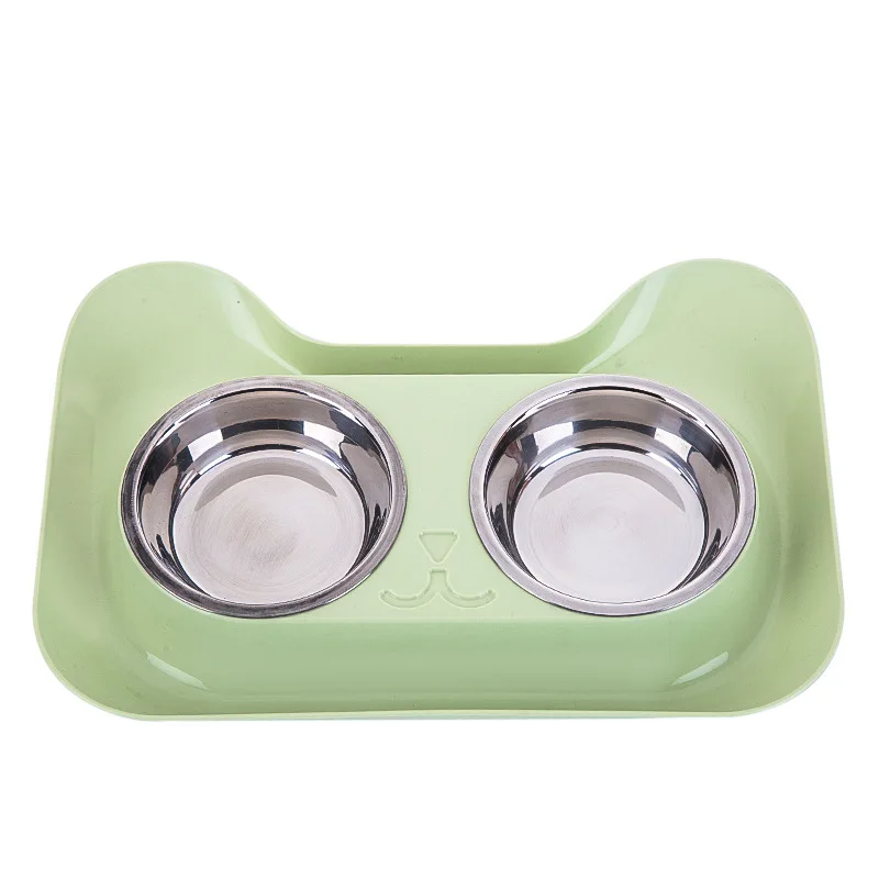 Cat Double Bowl High Quality Universal Pet Cat Feeder Teddy Food Bowl Stainless Steel Pet Supplies Cat Water Food Bowl - Цвет: Green