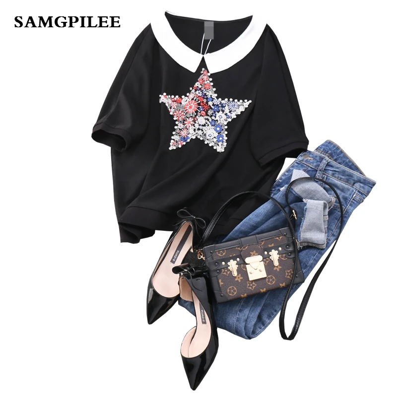 

Tumblr Sale Kpop 2019 New Spring Casual Knitted Sleeve Diamonds Print Turn-down Collar Women T-shirts L-3xl
