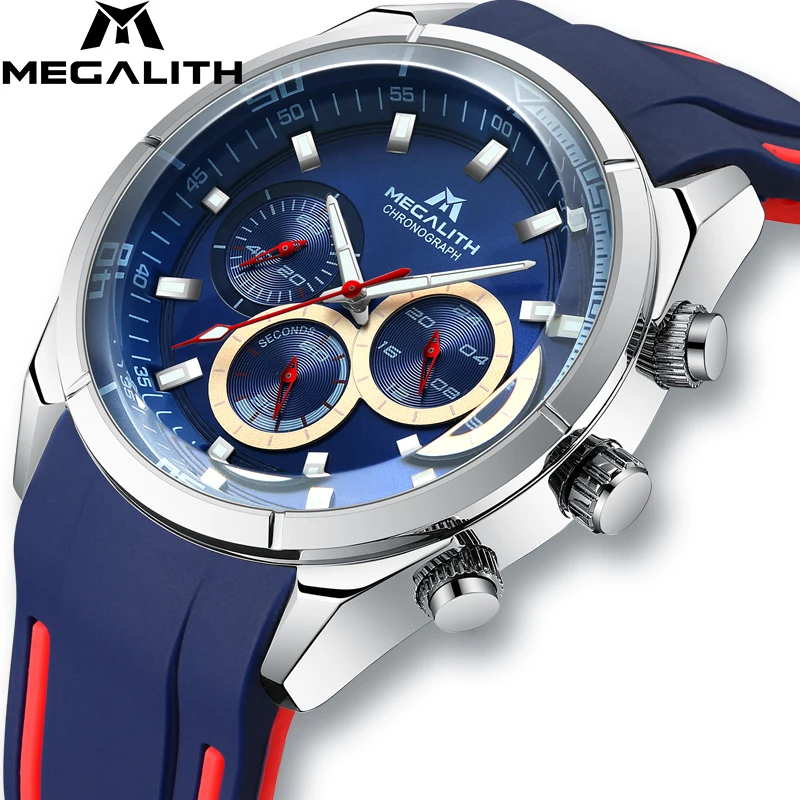 2019 MEGALITH Brand Watch Men's Chronograph Analog Quartz Watch Sports Waterproof Silicone Rubber Strap Wristwatch For Man Clock