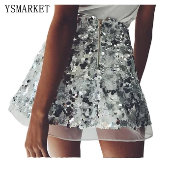 

New Stylish Sexy Sequined Mini Glitter Skirt High Waist A-line Party Skirts Hot Female Petite Tight Short Faldas Clubwear H0280