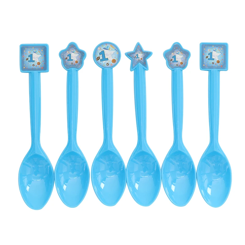 

6pcs/set 1st Birthday Party Supplies Plastics Spoon Cartoon Birthday Decoration Baby Shower Theme Festival For Kids Girls Boys