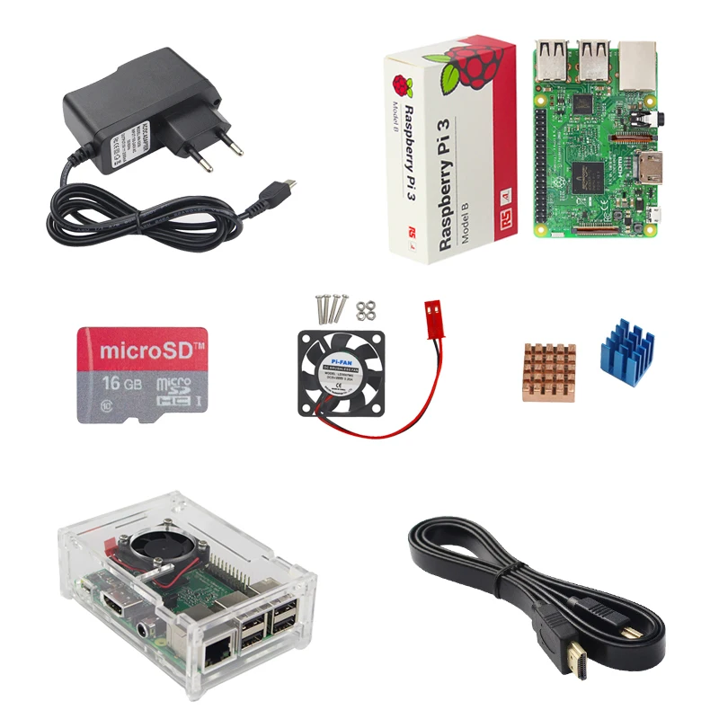 

Raspberry Pi 3 Model B+ Plus Starter kit Raspberry Pi 3 Model B+16G Card+HDMI Cable+Acrylic Case+CPU Fan+Heat Sink+Power Charger