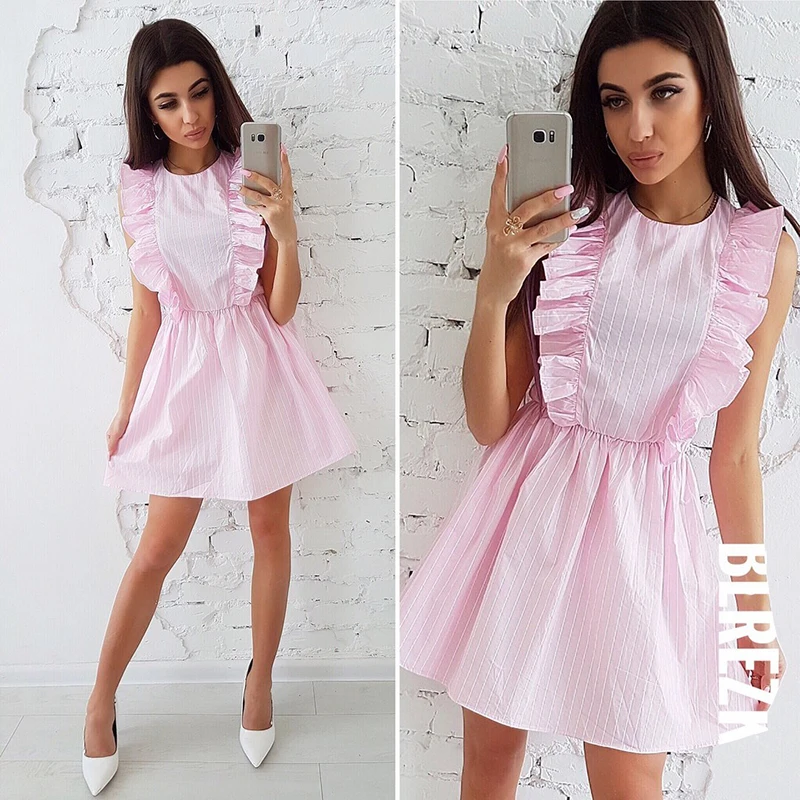 

2018 New Summer Fashion Stripe Print Dress Casual O-Neck Butterfly Sleeve Tunic Dresses Elegant Ruffled Sleeveless Vestidos 5