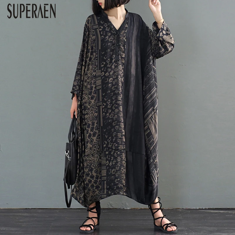 

SuperAen 2019 Spring and Summer New Women Long Dress Pluz Size Cotton Ladies Dress Printed Dress V-neck Irregular Women Clothing