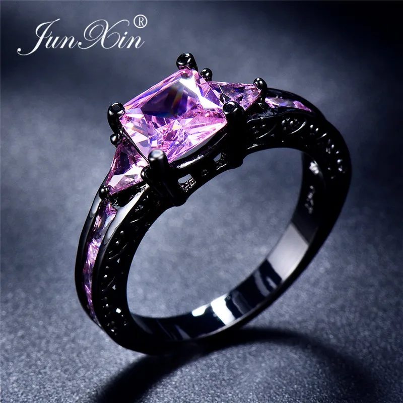 JUNXIN очаровательные разноцветные циркониевые Квадратные Кольца принцессы для женщин, Черное золото, заполненное фиолетовым, красным, синим, зеленым кристаллом, обручальное кольцо, подарок - Цвет основного камня: Pink Ring