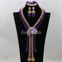Фиолетовый/Золотой африканская бижутерия комплект нигерийские Свадебные африканские бусы ювелирные изделия свадебное индийское ожерелье набор AIJ527