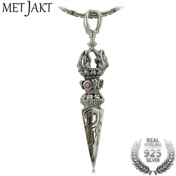 

MetJakt Buddhism Silver Vajra Pendant with Garnet & 925 Sterling Silver Snake Chain Necklace Suit Men's Amulet Jewelry