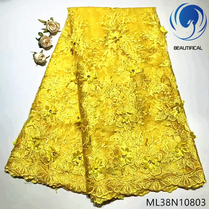 

Beautifical Yellow french lace fabrics Fashion 3d appliques tulle lace fabric with stones 5yards embroidery net lace ML38N108